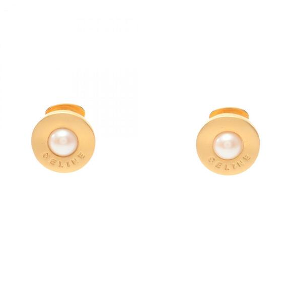 Celine logo earrings with gold-plated faux pearls for women in gold and white.